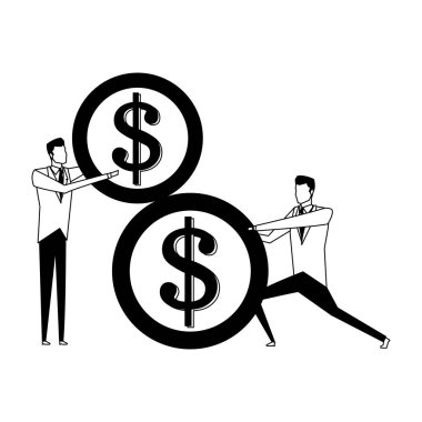 İşadamları iterek ve siyah beyaz bir sikke tutarak