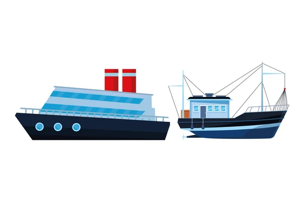 Barca da pesca mare viaggi e navi da crociera — Vettoriale Stock