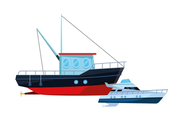 Barco de pesca viaje por mar y yatch — Vector de stock