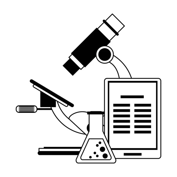 Microscoop en scheikundige kolf in zwart-wit — Stockvector