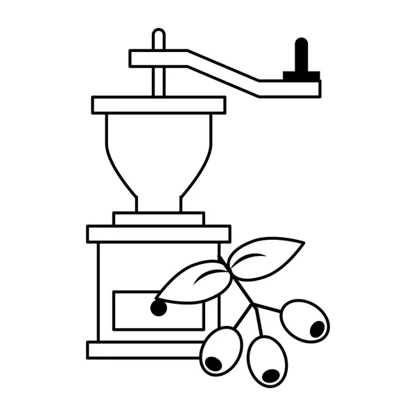 Кавомолка з кавовими зернами і листям в чорно-білому кольорі — стоковий вектор