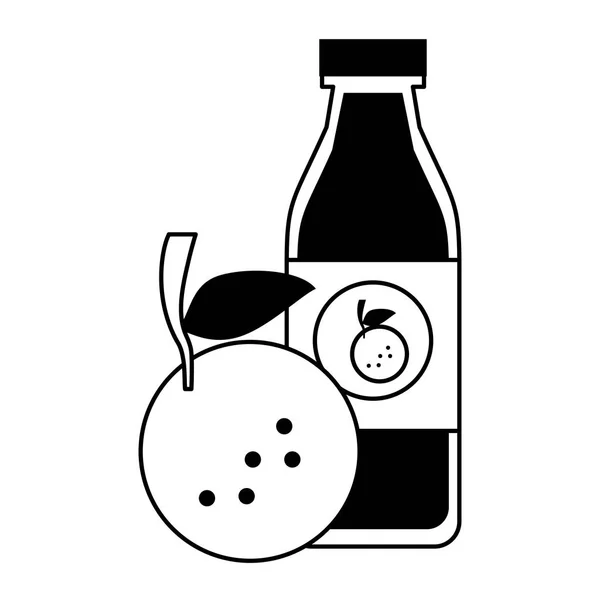Botella de zumo de naranja con fruta en blanco y negro — Vector de stock