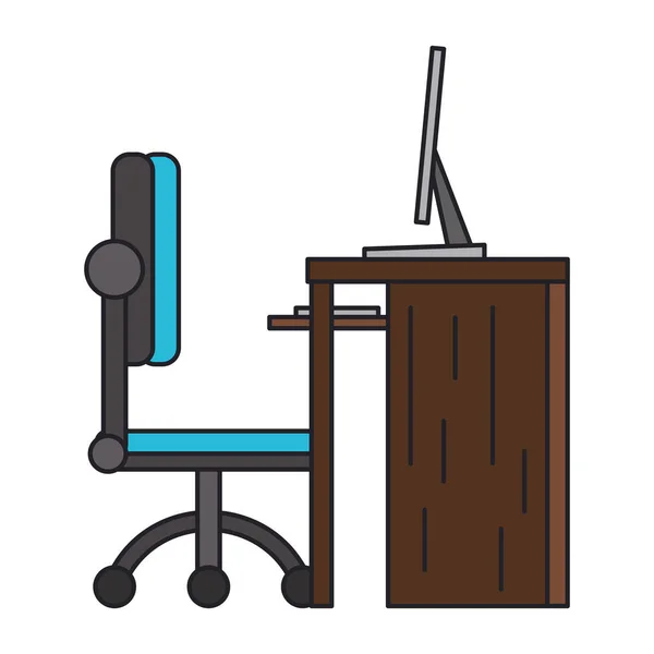 Ordenador de escritorio con silla de oficina de dibujos animados — Vector de stock