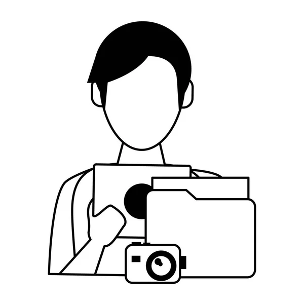 Mann benutzt Tablet mit Dokumenten und Kamera — Stockvektor