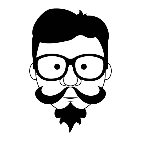 Hipster guy face cartoon in schwarz und weiß — Stockvektor