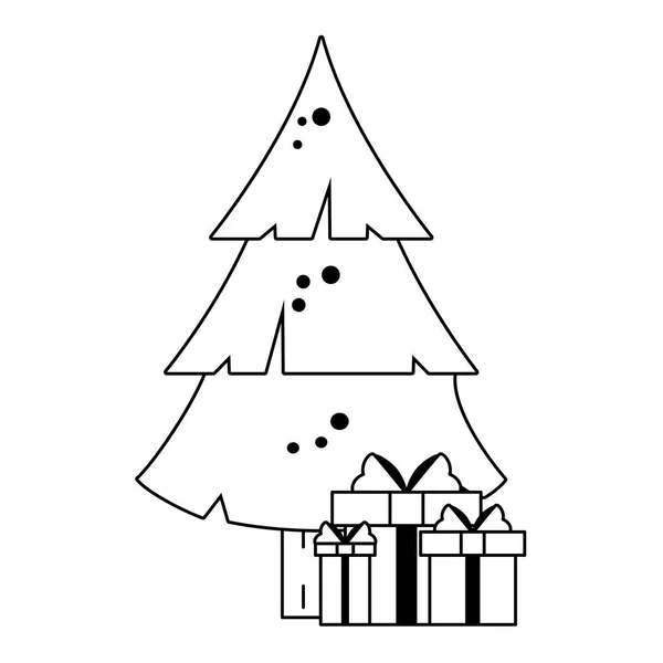 Julgran med presentaskar tecknad i svart och vitt — Stock vektor
