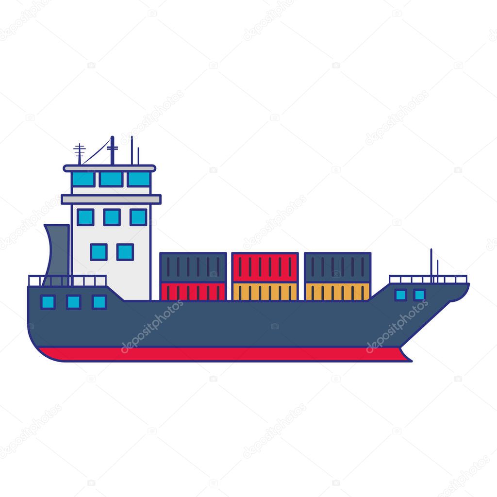 Freighter ship boat with containers blue lines