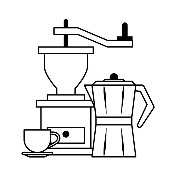 Кавомолка чайник і чашка кави в чорно-білому кольорі — стоковий вектор