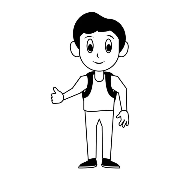 Étudiant garçon avec sac à dos en noir et blanc — Image vectorielle