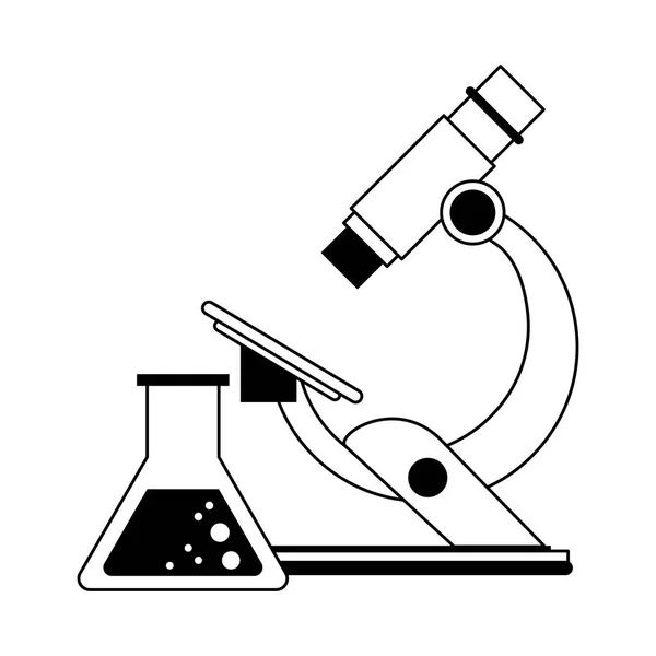 Mikroskop und Chemiekolben in schwarz-weiß — Stockvektor