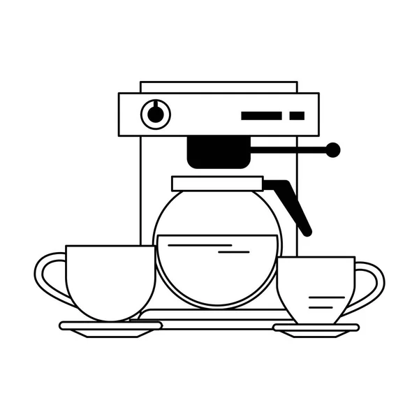 Espresso machine with coffee pot with cups in black and white — Stock Vector
