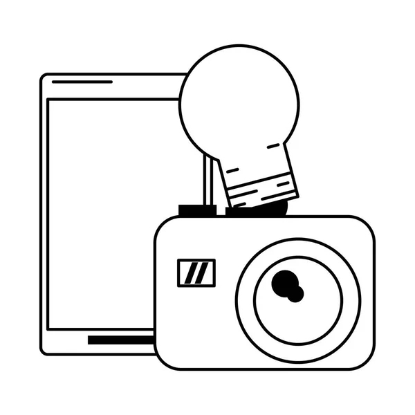 प्रकाश बल्ब और कैमरा के साथ सेलफोन काले और सफेद — स्टॉक वेक्टर