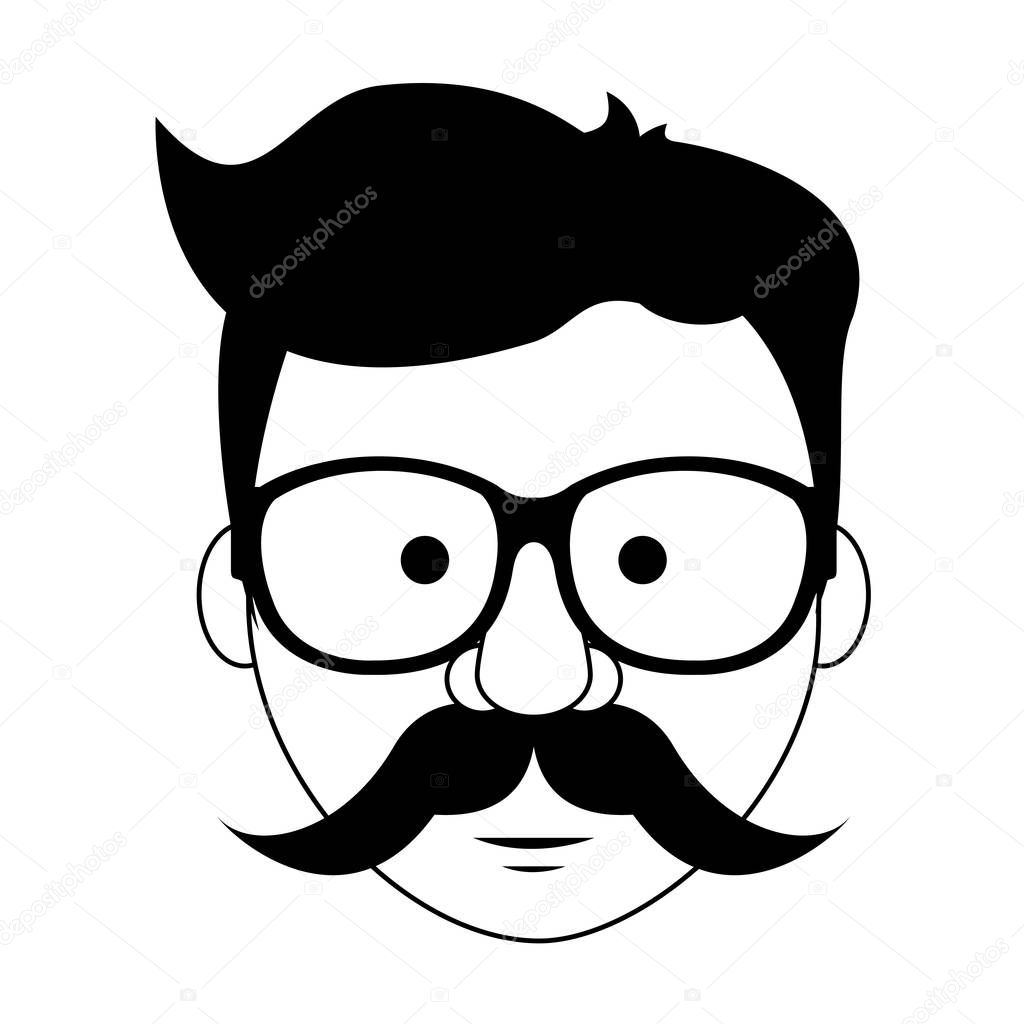 Hipster guy face cartoon in black and white