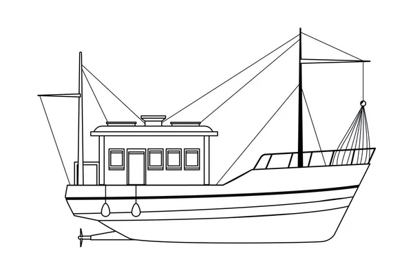 Bateau de pêche voyage en mer noir et blanc — Image vectorielle