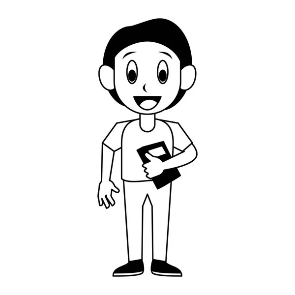 Niño estudiante con libros de dibujos animados en blanco y negro — Vector de stock