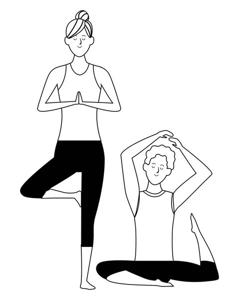 Pareja yoga poses blanco y negro — Vector de stock