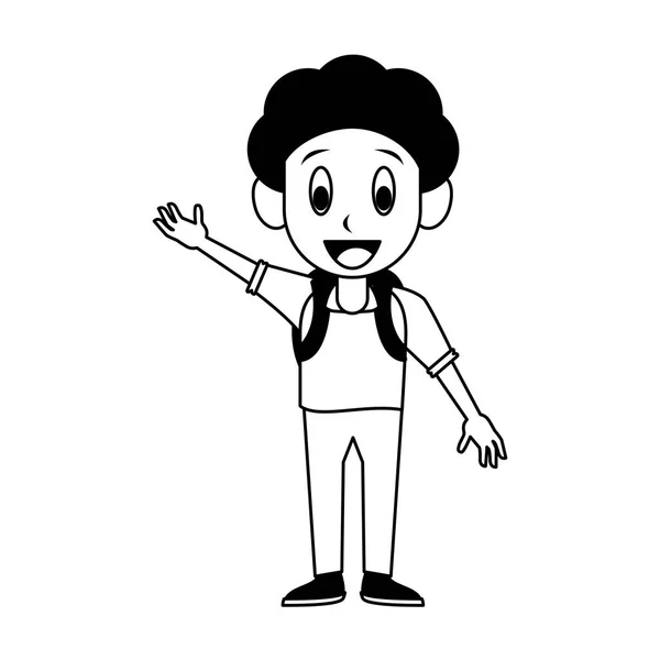 Estudante menino com mochila desenhos animados em preto e branco — Vetor de Stock