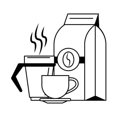 Siyah beyaz kahve torbası sıcak kahve fincanları