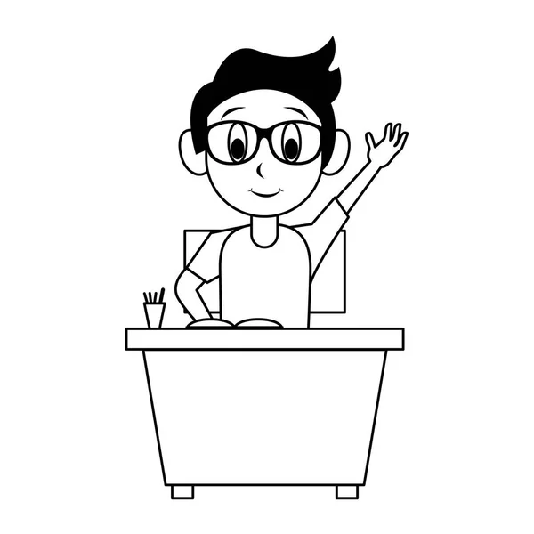 Kid seated in school desk in black and white — Stock Vector