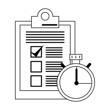 Pano kontrol listesi belgesi ve zamanlayıcı simgesi siyah beyaz