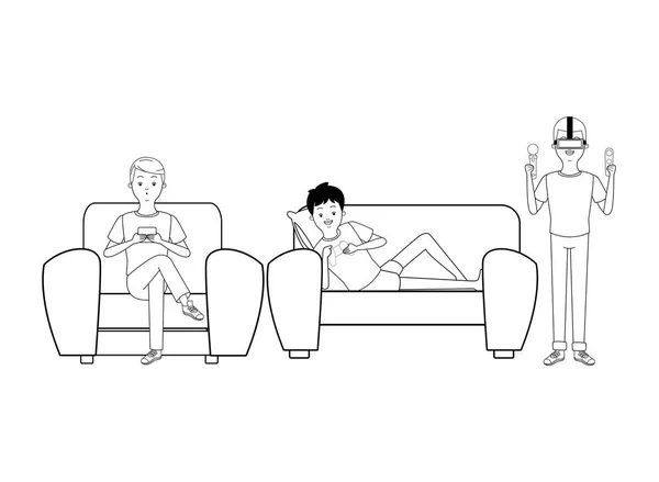 Millennial people gaming party noir et blanc — Image vectorielle