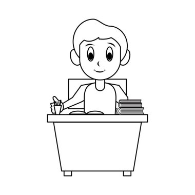 Çocuk siyah beyaz okul masasında oturan