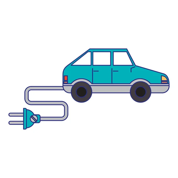 Elektrische auto met draad en stekker blauwe lijnen — Stockvector