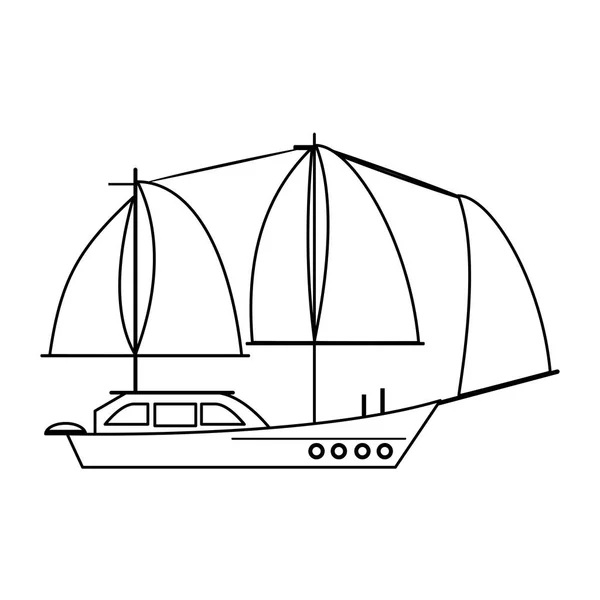 Voilier bateau vue de côté dessin animé isolé en noir et blanc — Image vectorielle