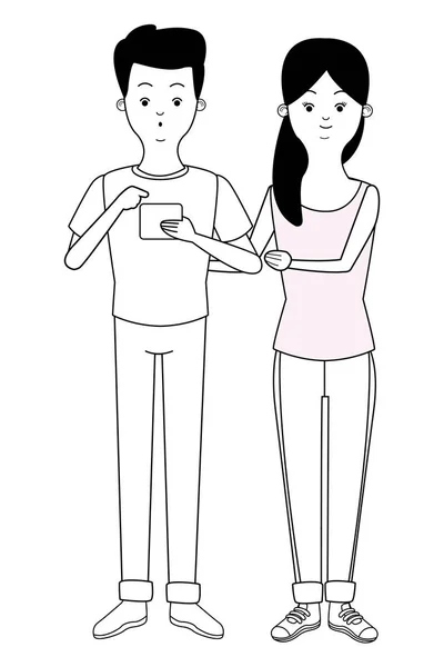 Millennial coppia cartone animato in bianco e nero — Vettoriale Stock