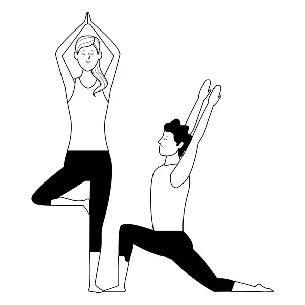 Pareja yoga poses blanco y negro — Vector de stock