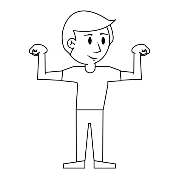 Jeune homme fléchissant bras dessin animé en noir et blanc — Image vectorielle