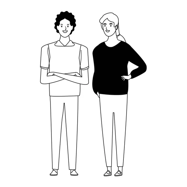 Paar avatar cartoon karakter in zwart en wit — Stockvector