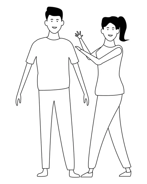 Paar lächelt Karikatur in Schwarz-Weiß — Stockvektor