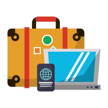 Seyahat bavul ve pasaport ile dizüstü bilgisayar