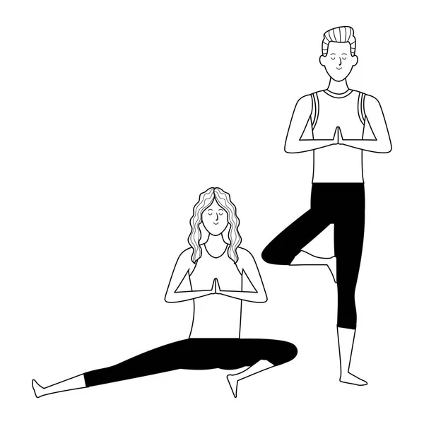 Pareja yoga poses blanco y negro — Vector de stock