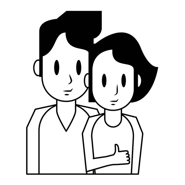 Junges Paar Cartoon-Profil isoliert in schwarz und weiß — Stockvektor