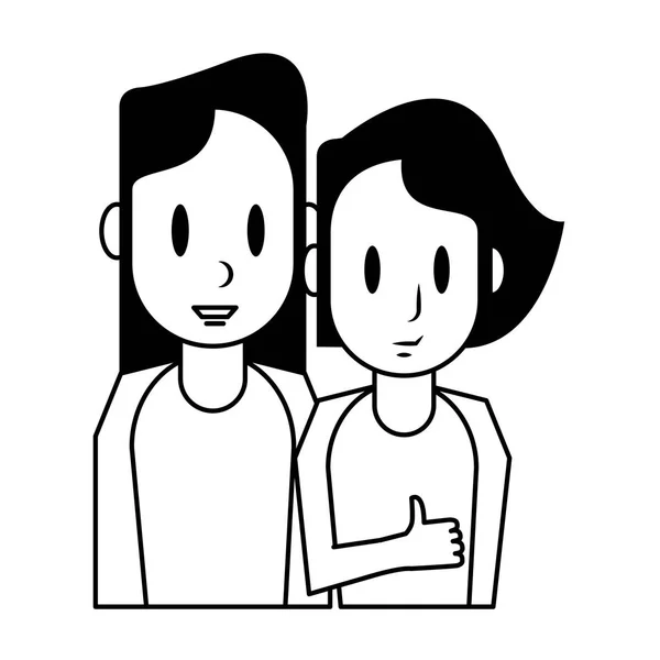 Profil de dessin animé jeune couple isolé en noir et blanc — Image vectorielle