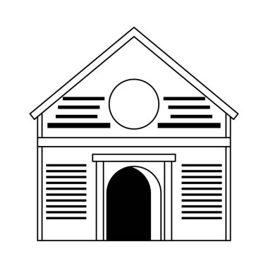 Ahşap ahır binası siyah beyaz izole edilmiş.