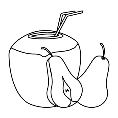 Hindistan cevizi kokteyl ve armut siyah beyaz yarım kesilmiş karikatür