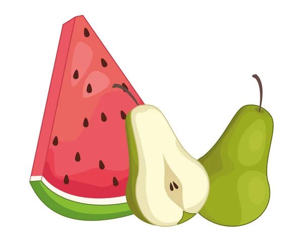 Wassermelone und Birne halb geschnitten Karikatur — Stockvektor