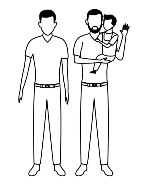 Мужчины с детским аватаром персонажа мультфильма черно-белые — стоковый вектор