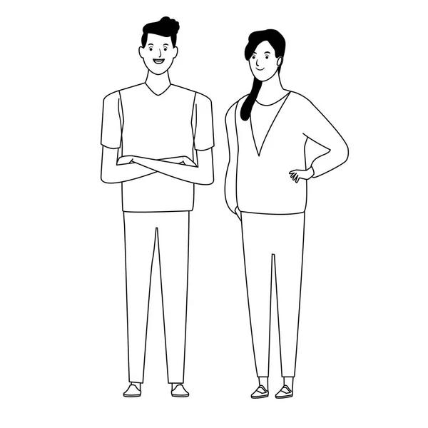 Casal avatar personagem de desenho animado em preto e branco — Vetor de Stock