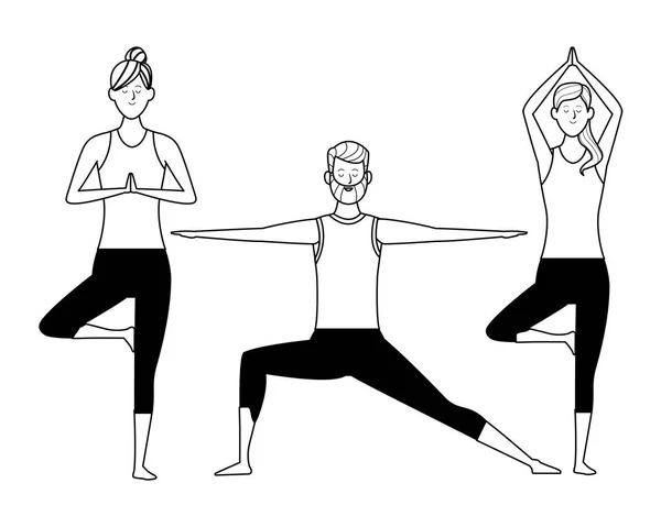 Personas yoga poses blanco y negro — Vector de stock