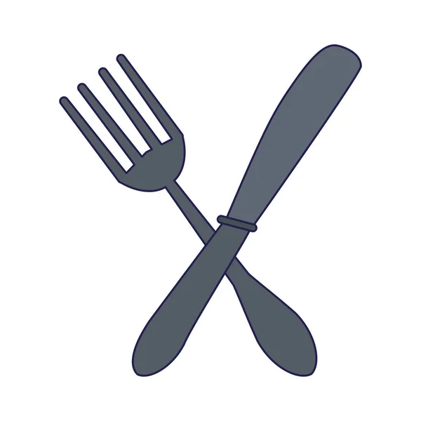Cutlery fork and knife crossed symbol blue lines — Stock Vector
