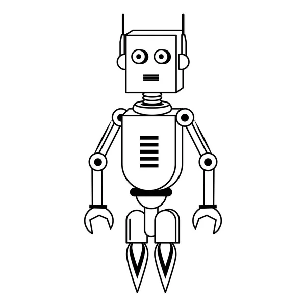 Robot divertido personaje de dibujos animados aislados en blanco y negro — Vector de stock