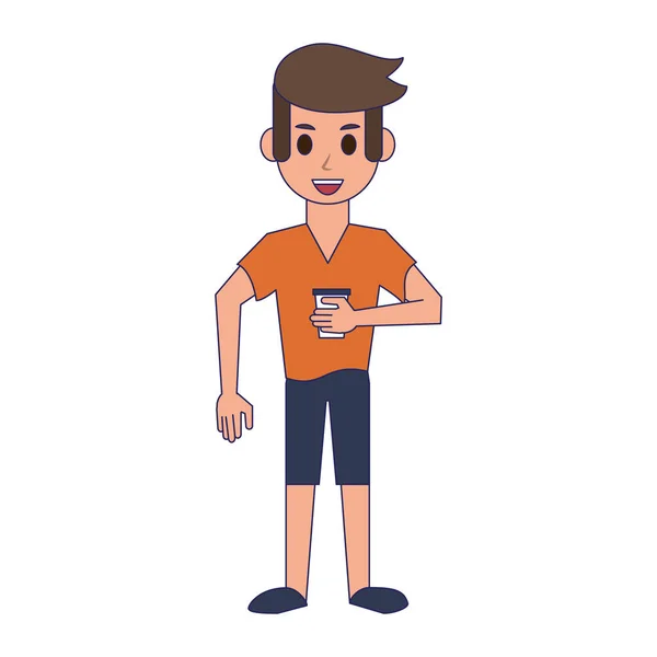 Jongeman met koffiekop cartoon blauwe lijnen — Stockvector