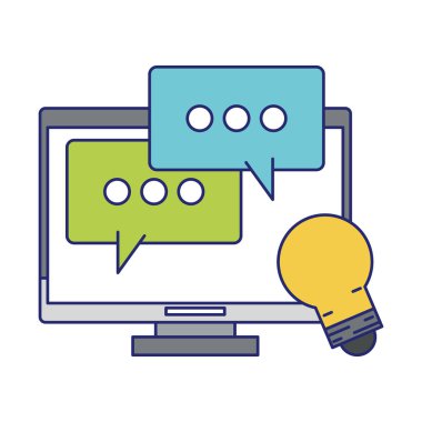 konuşma kabarcığı ve ampul mavi çizgiler ile bilgisayar