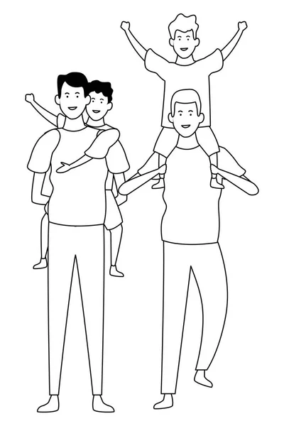 Rodina s dětma karikatama v černobílém — Stockový vektor