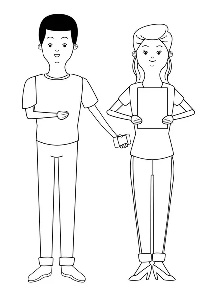 Millennial Couple Cartoon in Schwarz-Weiß — Stockvektor