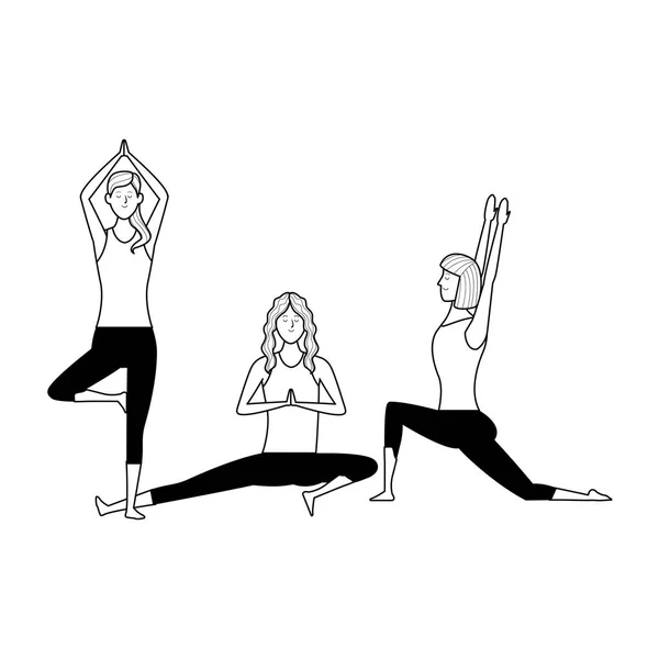 Poses de yoga femmes noir et blanc — Image vectorielle